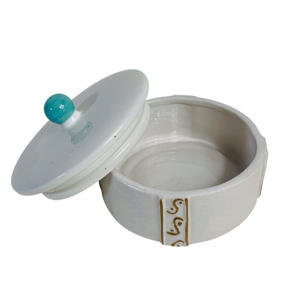 Iridescent Trinket Box Vanity Power Dish Lid Speckled Turquoise Knob Ceramic VTG - Picture 2 of 13